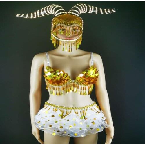 Party girl Nightclub female gogo luminous headgear stage golden mermaid bikini costume