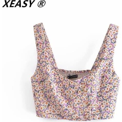 XEASY Women Double Breasted Floral Print Short Smock Blouse Female French Style Elastic Slim Shirt Blusas Vest Tops