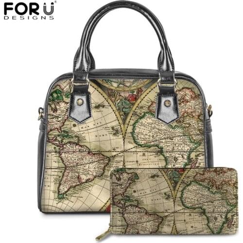 FORUDESIGNS World Map Pattern Women Luxury Design 2PCS/Set Handbag&Wallets Girls Stylish Shoulder Top-handle Bag Bolsa Feminina