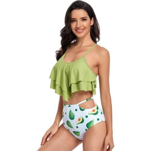 Womens Oversize Double Ruffle Swimsuit High Waist Bikini Two Piece Suit Summer Lady Sexy Tops Pants Swimwear Plus Size Swimming