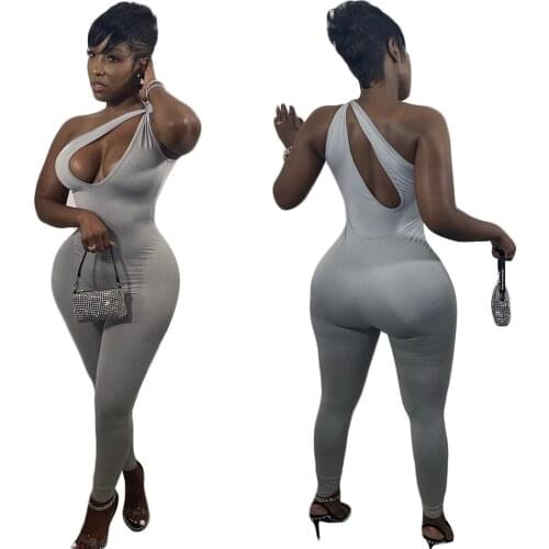 Sexy Lady Women Jumpsuit Solid One Shoulder Sleeveless Cut Out Strechy Bodycon 1 Piece Overalls Summer Outfits