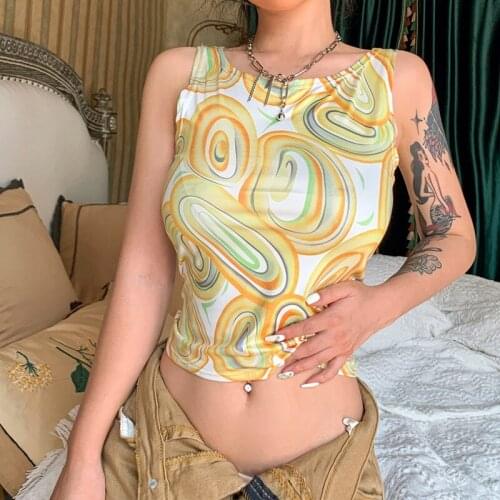 Y2k Paisley Print Tank Tops 2021Summer Yellow Sleeveless Vintage Crop Top Women Fashion Green Off Shoulder Casual Sexy Tank Top