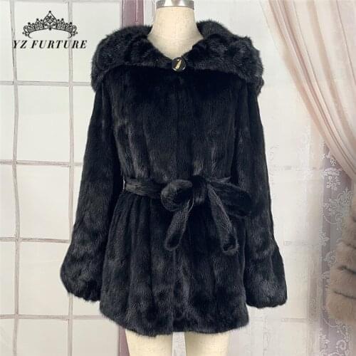 Winter Luxury Real Mink Fur Hooded Woman Coat With Belt Long Sleeves Hem Skirt Desig Warm And Popular Outerwear MKW-350