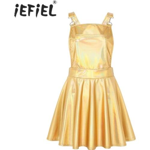 Womens Sexy Clubwear Fashion Dress Shiny Metallic Holographic Straps A-line Pleated Bib Overall Pinafore Dress Braces Mini Skirt