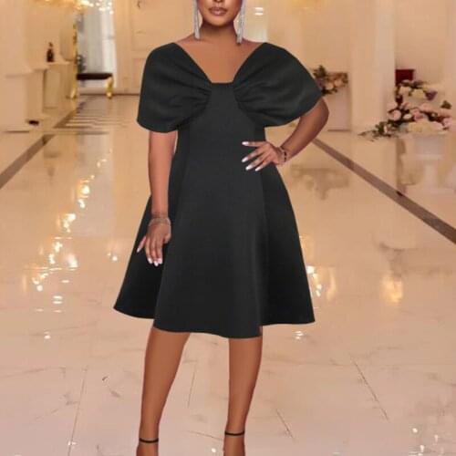 Women Party Dress Sexy Short Sleeve Bow Collar Backless Fit And Flare Pleated Patchwork Dresses Evening Ball Gowns New Outfits