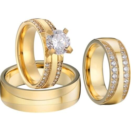 3pcs Luxury Dubai Golden Lovers promise wedding rings set for couples men and women Alliance marriage engagement ring