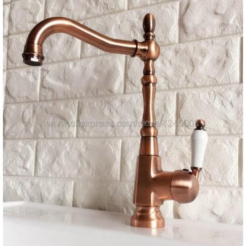 Antique Red Copper 360 Degree Rotation Kitchen Faucet Single Handle Hole Vessel Sink Mixer Tap Knf416