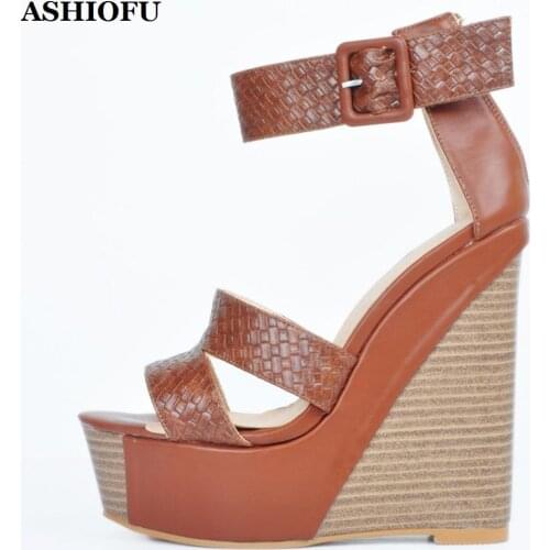 ASHIOFU Handmade Simple Style Womens Wadge Heel Sandals Buckle Ankle Strap Summer Shoes Evening Dating Fashion Sandals Shoes