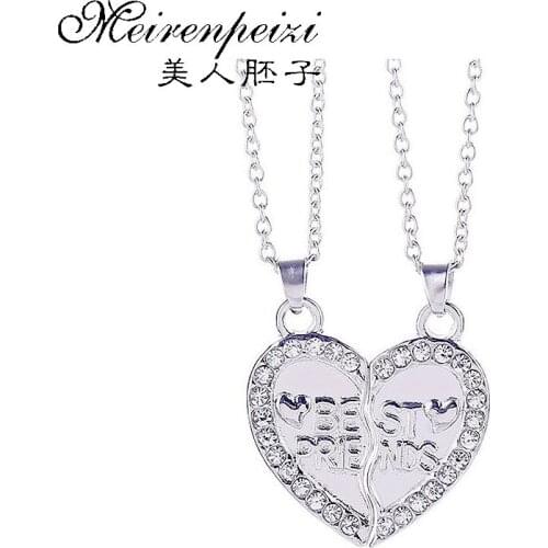 BFF Puzzle Broken Heart Best Friend Pendants Necklaces Crystal Charm Silver Statement Necklace for Women Men