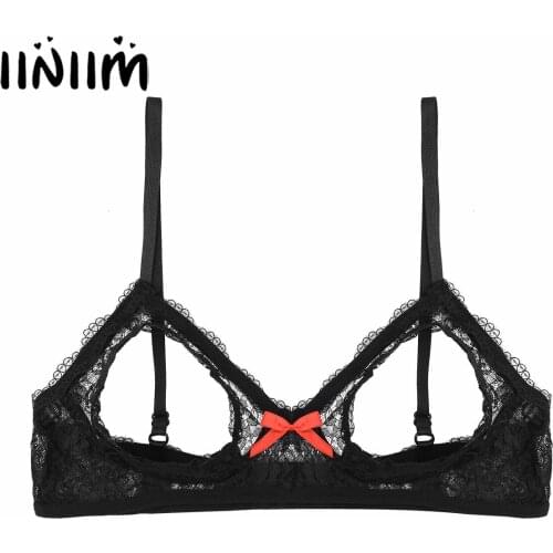 Black Women Exotic Lingerie Lace Floral Open Cup Triangle Bralette Underwear Adjustable Straps V-neck Wire-free Unlined Bra Top