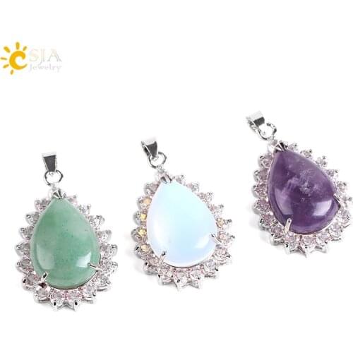 CSJA Reiki Natural Gem Stone Water Drop Necklace Pendants Purple Pink Quartz Lapis Lazuli Tiger Eye Opal Rhinestone Jewelry E829