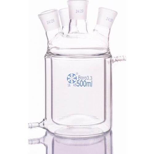 Double-deck cylindrical Four-necked flat bottom flask,Capacity 500ml,Joint 24/29,Mezzanine jacketed reactor bottle