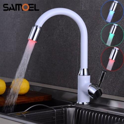 Economic White Brass LED Light 3 Color Change Kitchen Sink Water Mixer Tap Variable Colors Rotatable Kitchen Faucet W3062
