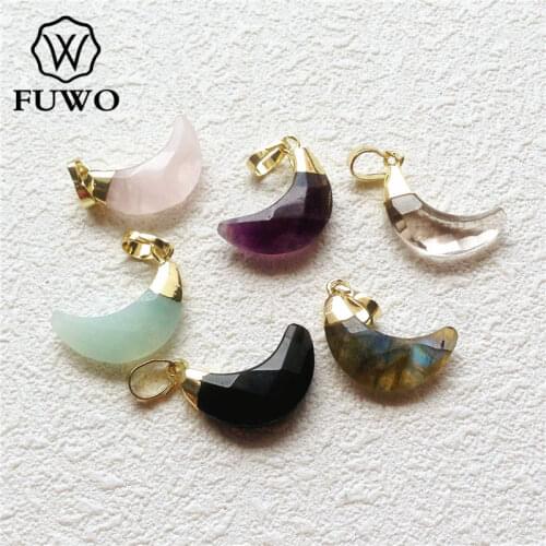 FUWO Faceted Crystal Quartz Crescent Pendant With 24K Gold Color Plated Fashion Raw Stone Jewelry For Necklace Making PD149