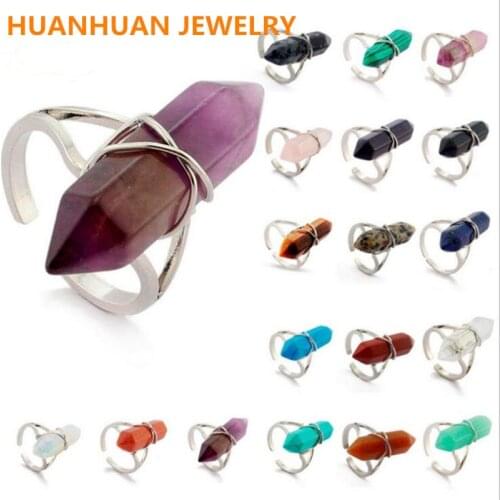 1 Pc Fashion Crystal Hexagonal Pillars Ring Gifts Handmade Hexagon Wire Wrapped Fluorite Opal Beautiful Natural Stone Adjustable
