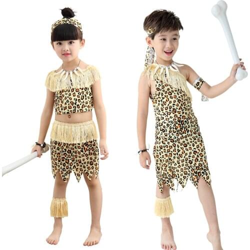 Halloween Costumes Children Kids Indian Primitive Macho Caveman Leopard Costume Boy Girl Purim Party Mardi Gras Fancy Dress Up