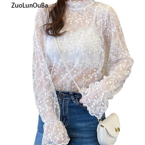 ZuoLunOuBa Summer Outside Wear Women T Shirt Perspective Sexy Tees Embroidery Lace Jacquard Female Fashion Shirt Tops