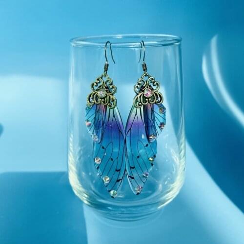 Minar Fairy Shiny Rhinestone Cicada Wings Earrings Rainbow Resin Butterfly Gradient Pink Blue Sequins Foil Long Dangle Earrings