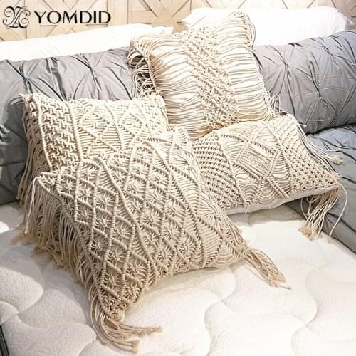 YOMDID Boho Cushion Cover Macrame Pillows Case Bohemia Geometric Pattern Cotton Thread Tassels Pillowcase Sofa Throw Home Decor