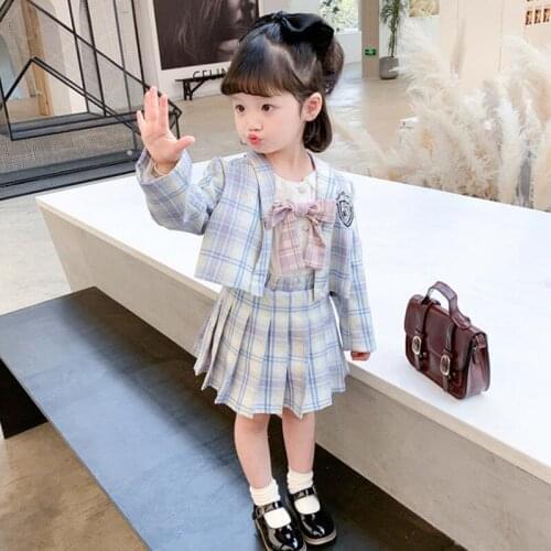 New Arrival Kids Girls Clothing Sets Spring Autumn Fashion Short Plaid Blazer Coat+Pleated Skirt Preppy Style Two Piece Outfit