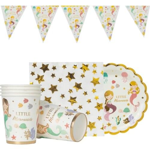 Mermaid Birthday Party Supplies Disposable Party Ware For Kids Pool Birthday Party Baby Shower Plates Napkins Flag For Party