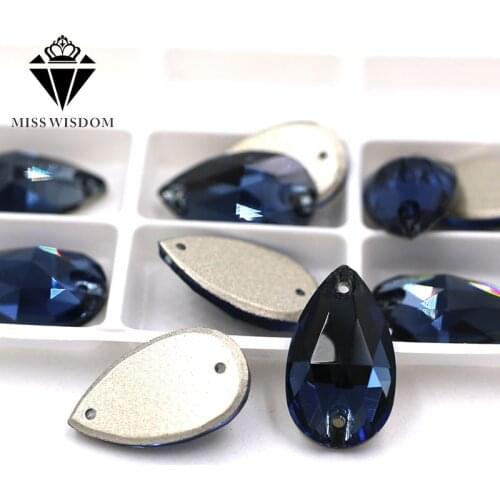 High quality Flatback glass crystal double hole sew on rhinestones Teardrop shape Ink blue rhinestones diy clothing accessories