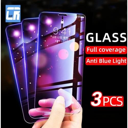 3Pcs Anti-blue Light Tempered Glass for iPhone 11 12 Pro XS Max Screen Protector On iPhone 11 X XR SE 2 12 Mini Full Cover Glass