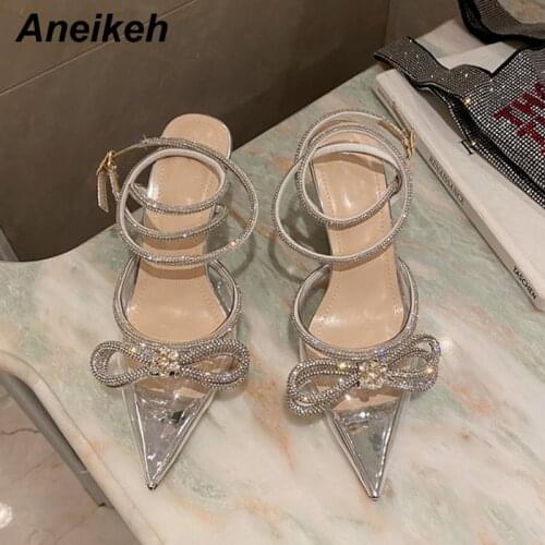 Aneikeh Womens Shoes Fashion Butterfly-Knot Narrow Band Spring/Autumn 2021 Bling Patchwork Cross-Tied Crystal Pointed Toe Pumps