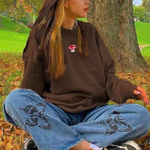 Missnight Sweatshirt Women Mushroom Embroidery Solid Hoodies Women O Neck Sweatshirt Cute Streetwear Pullover