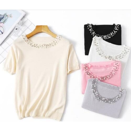 Retro Women Short Sleeve Handmade Pearl Beading Ladies Tee Tops Summer Solid Weekend Casual Fit Round Neck Knit Basic T Shirt