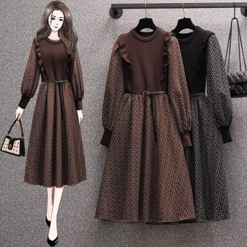 Vintage Printed Stitching Casual Autumn Dress Women Large Size Round Neck Long Sleeve Knit Sweater Dress 2021 Fall New e597