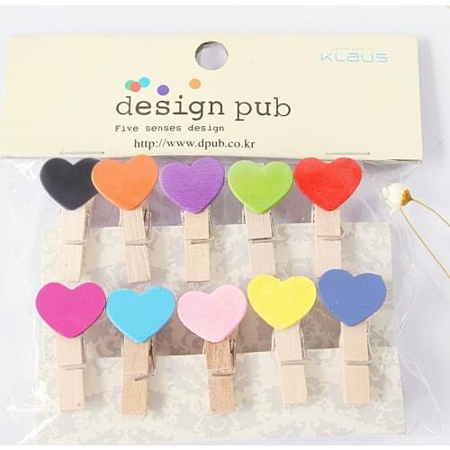 10 pcs/lot Creative Colorful Love Heart Wooden Clip Photo paper Clothespin Craft Clips Party Decoration Clip with Hemp Rope