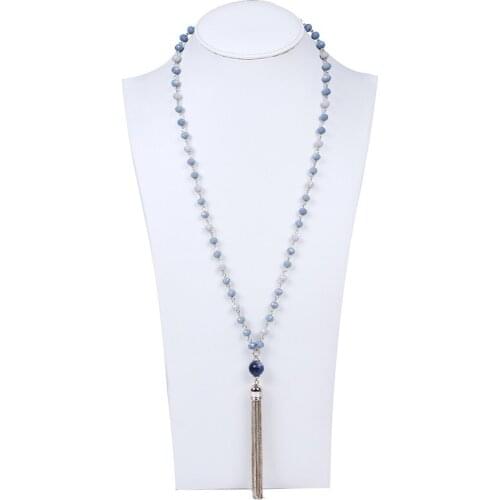 2017 women ethnic jewelry 14mm semi-precious pendant crystal beaded vintage multi chains tassels long boho pendant necklace