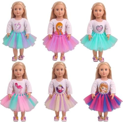 2021 Hand Printed White T + Candy Yarn Skirt Fit 18 Inch American 43cm Baby Doll Clothes Accessories,Girls Toys,Birthday Gift