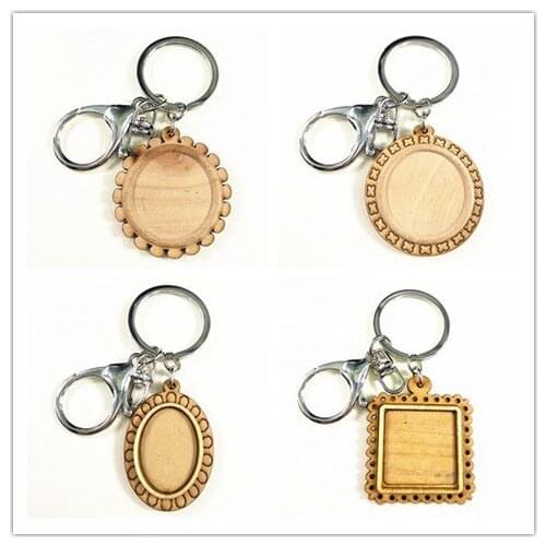 24pcs wood cabochon settings 25mm 18*25mm inner size blank cameo pandent base trays with Metal buckle for keychain making