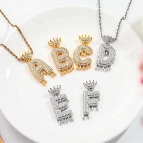 AITIEI A-Z Initial Bubble Letter Name Crown Drip Letters Pendant Necklaces Men Women Gold Silver Color CZ Hip Hop Jewelry Gifts