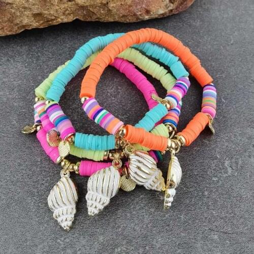 Boho Elastic Vinyl Discs Bead Stretch Conch Bracelet Couple Rainbow Tubular Heishi Bracelet Go to Beach for summer