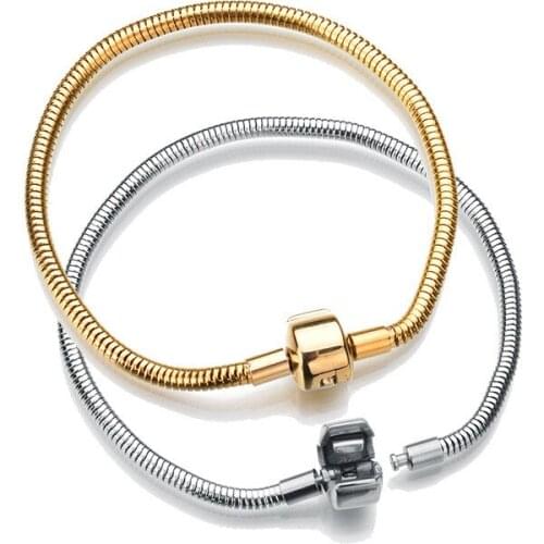 Simple Snake Chain Stainless Steel Gold silver Color Bracelet Bangle Fit Original Charm Bracelet DIY Jewelry Making 17CM-21CM