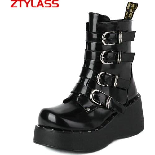 Black Fashion Thick Bottom Buckle Ankle Boots Platform Women Boots Wedges Heel Short Boots Autumn Winter Woman Shoes 2021