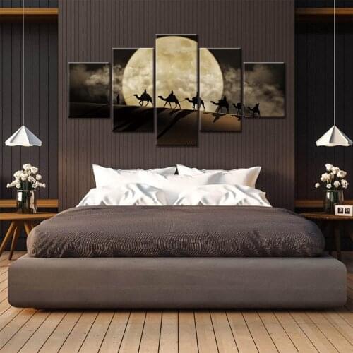 Desert Camel Moon Night Scene Wall Art 5 Panel Posters Prints Canvas Pictures Landscape Painting Decor
