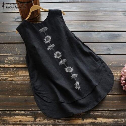 Elegant Summer Tank Tops Womens Floral Blouse 2021 ZANZEA Casual Sleeveless Blusas Female Solid Asymmetrical Tunic Plus Size