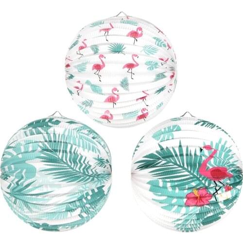 Flamingo Hawaiian Print Paper Lanterns With Palm Tree Leaves Birthday Wedding Decoration Anniversaire Summer Birthday Party