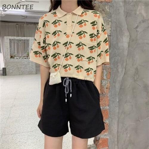 T-shirts Women Knitting Tops Lovely Girls Button Kawaii Fashion Cute Ladies Students Dating Casual All-match Ulzzang Chic Sweet