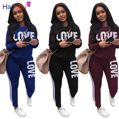 HAOOHU Plus Size 2 Piece Set Women Outfit LOVE Letter Print Sweatshirt +Pants Tracksuit Streetwear Casual Suit