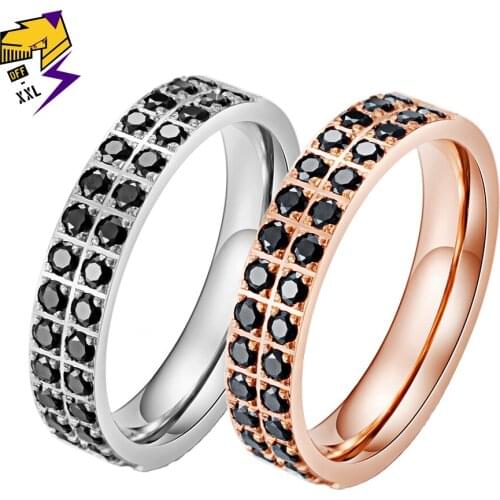 Fashion Rose Gold Lovers' Wedding Rings Titanium Steel Black Rhinestone Bands Finger Ring Women Engagement Gifts Jewelry