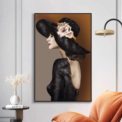 Fashion Abstract Sexy Women Wall Art Poster Black Hat Canvas Painting Modern Vogue Picture For Living Room Home Decor Cuadros