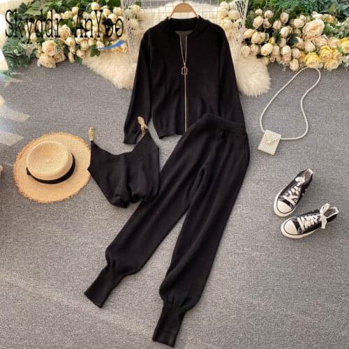 Fashion Knitted Sweater 3 Piece Set Womens Suit Knitted Jacket Cardigan+Chain Vest And High Waist Long Pants Casual Woman Sets