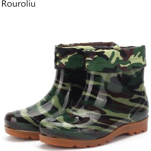 Rouroliu Mens Anti-slip Flat Heels Rain Boots Short Ankle Rainboots Waterproof Water Shoes Garden Wellies With Socks TR109