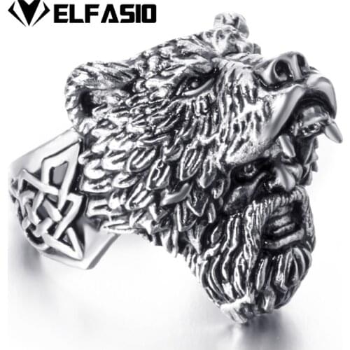 Elfasio Man Stainless Steel Ring Viking Bear Warrior Titanium Silver Black Punk Biker Rings SIze 7-14