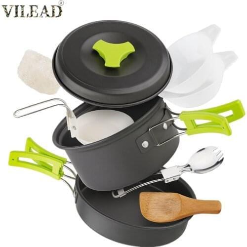 VILEAD 8pcs/Set Outdoor Cookware Set With Pan Pot Rice Spoon Cleaning Ball Portable Camping Tableware Cooking Tool Set Equipment